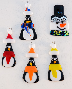 Christmas Ornaments of Penguins and Snowman. 